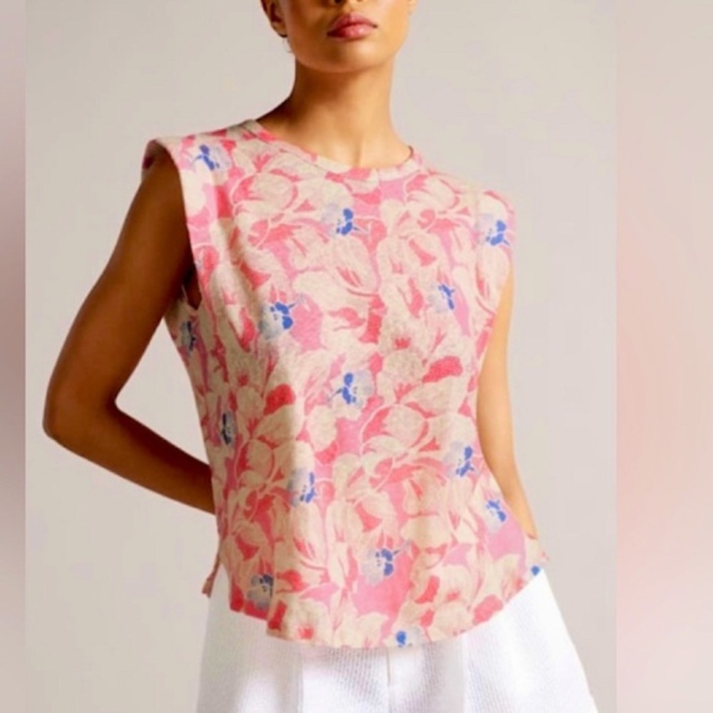 Ted Baker 4/L Mid-Pink Shoulder Pad Linen Tee cap sleeve round neck high-low top